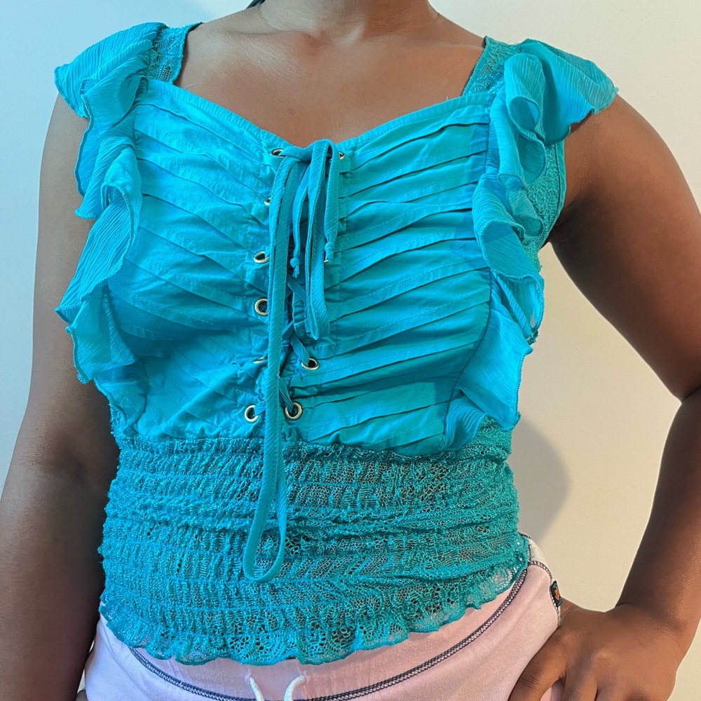 Blue Ruffled Lace-Up Women's Top